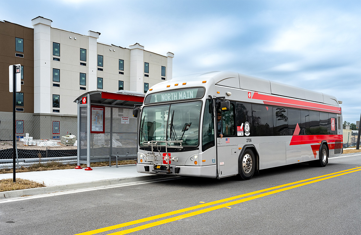 Bus at the new River City bus stop at the VA Clinic North