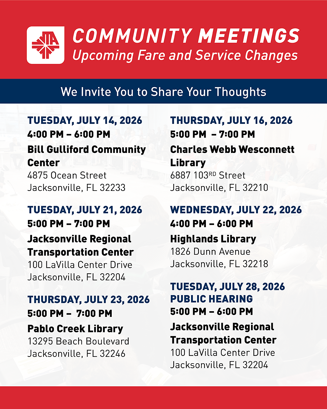 Community Meetings schedule - July 2026