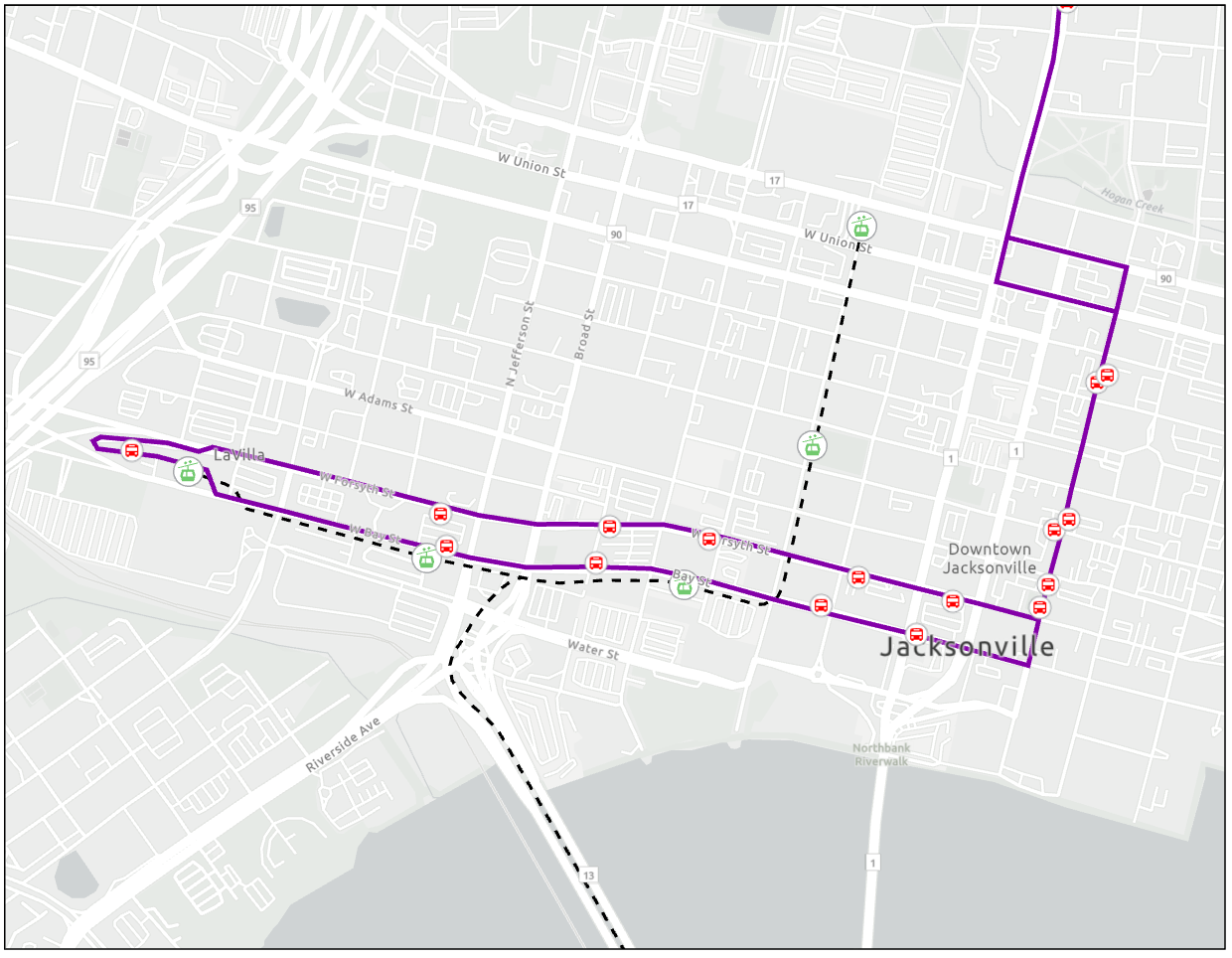 Map of routes 1 and 3 for the downtown area of the Skyway