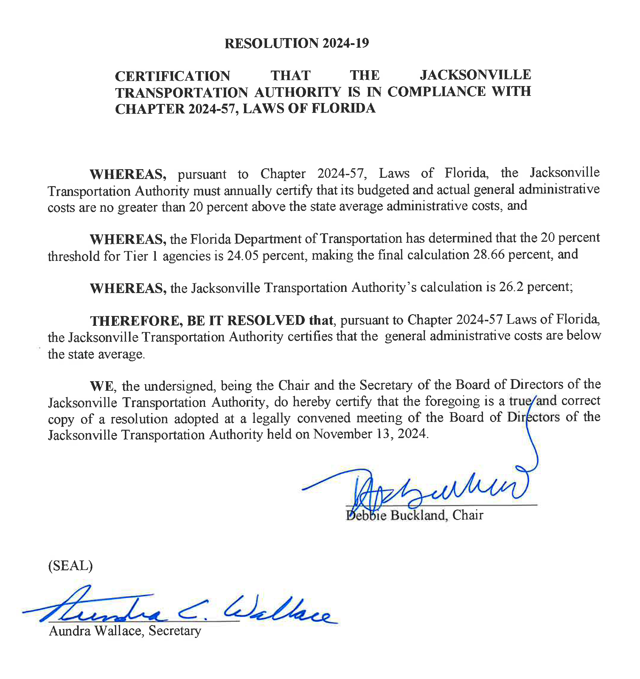 RESOLUTION 2024-19 CERTIFICATION THAT THE JACKSONVILLE TRANSPORTATION AUTHORITY IS IN COMPLIANCE WITH CHAPTER 2024-57, LAWS OF FLORIDA