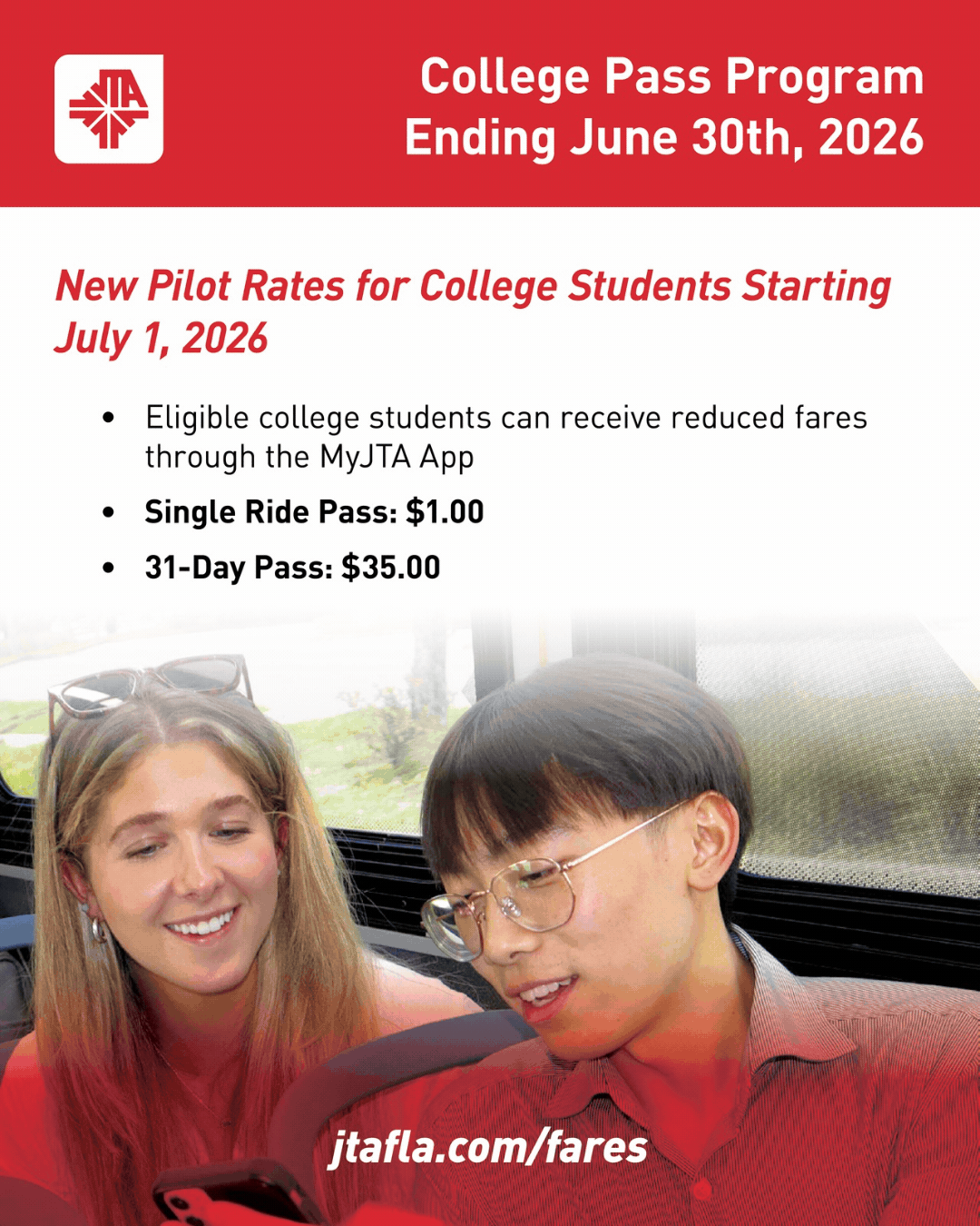 Reduced pilot fares for college students and the My Ride to Train program go into effect July 1
